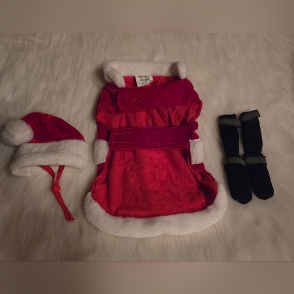 Red and White Pet Santa Outfit w/ Hat and Boots (XS-SM) - Picture 2 of 6